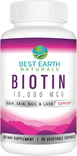 Best Earth Naturals Biotin 10,000mcg - Suplemento vitamínico de biotina extra fuerte para apoyar el crecimiento del cabello, uñas fuertes, pestañas