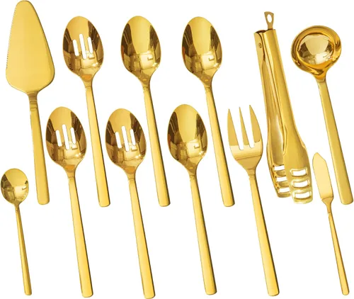Miniatura 9 de KINGSTONE Juego de utensilios de servir para anfitriona grande, 18/10 de acero inoxidable resistente cucharas de servir de 10 pulgadas, cucharas
