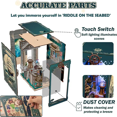 Miniatura 2 de Kit de rincón de libros, kit de bricolaje en miniatura de casa de muñecas con luz nocturna LED y cubierta antipolvo para adultos, adolescentes