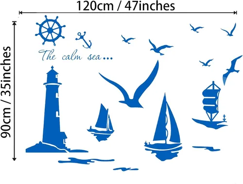 Miniatura 6 de Grandes adhesivos decorativos de faro marino para pared, calcomanía de pared náutica con gaviotas, adhesivos de pared de barco para decoraciones