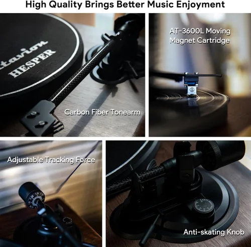 Miniatura 2 de Tocadiscos de vinilo Bluetooth con altavoces, 2 velocidades 33/45 RPM, cartucho magnético AT-3600L, luz ambiental LED, madera de nogal