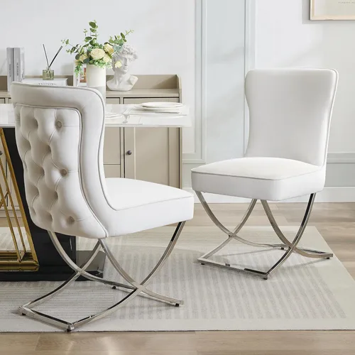 Miniatura 10 de WUTUTUEE Sillas de Comedor de Terciopelo de Lujo, Sillas de Acento Capitoné Tapizadas Sin Brazos con Patas de Metal Plateado en Forma de X, Juego