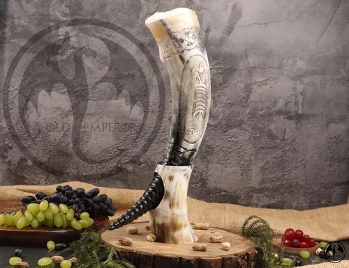Miniatura 8 de Cuerno vikingo con soporte Abuey natural grabado a mano grande Seguro para alimentos Regalos vikingos nórdicos únicos para hombres y mujeres