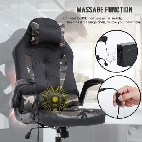 Miniatura 7 de Silla de escritorio ergonómica para videojuegos, de piel sintética, con reposacabezas y reposabrazos, Cuero falso, Camo
