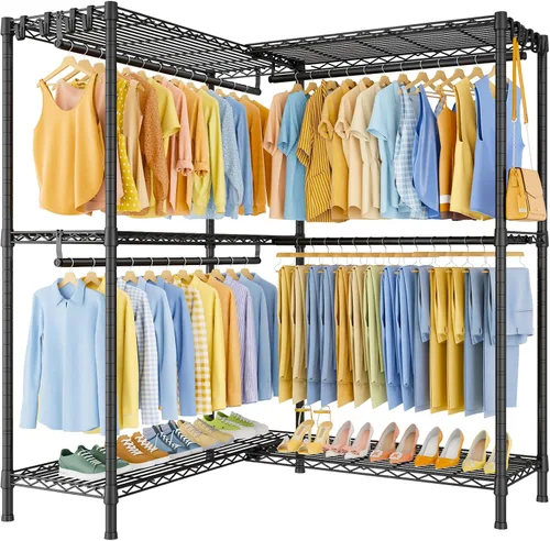 Miniatura 11 de ULIFHOME E15 - Perchero en forma de L para esquina, perchero independiente para colgar ropa, organizador de armario resistente con 4 varillas
