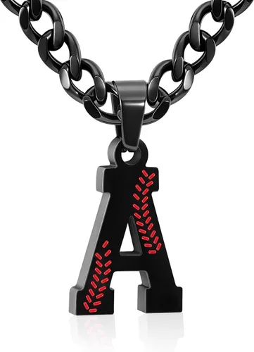 Miniatura 45 de Avotto Collar de béisbol con letra inicial de la A a la Z para niños y hombres, cadena cubana de acero inoxidable resistente que no se decolora