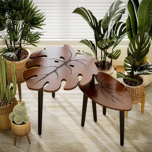 Miniatura 5 de BAMEOS Juego de 2 mesas de anidación con hojas de Monstera, juego de pequeñas mesas de café con patrón de venas de hojas, mesas laterales modernas