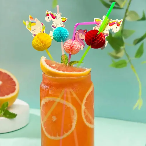 Miniatura 3 de 24 popotes de unicornio 3D con diseño de panal tropical hawaiano con temática de playa, pajitas de frutas tropicales para verano, playa, piscina