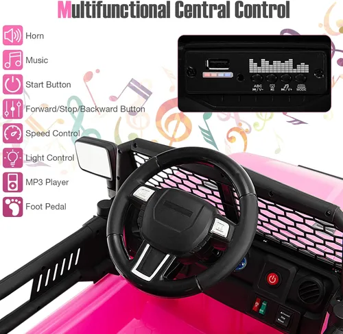 Miniatura 3 de HONEY JOY - Camión de paseo rosa con batería de 12 V con control remoto, suspensión de resorte, faros, música, parabrisas de malla, autos eléctricos