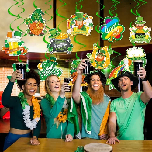 Miniatura 6 de Decoraciones de fiesta del día de San Patricio, guirnalda de serpentinas - 12 piezas de pancarta verde decoración de trébol Gonme sombrero colgante