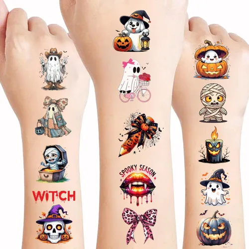 Tatuajes temporales de Halloween que brillan en la oscuridad: 108 hojas envueltas individualmente, calcomanías luminosas de tatuaje, recuerdos de