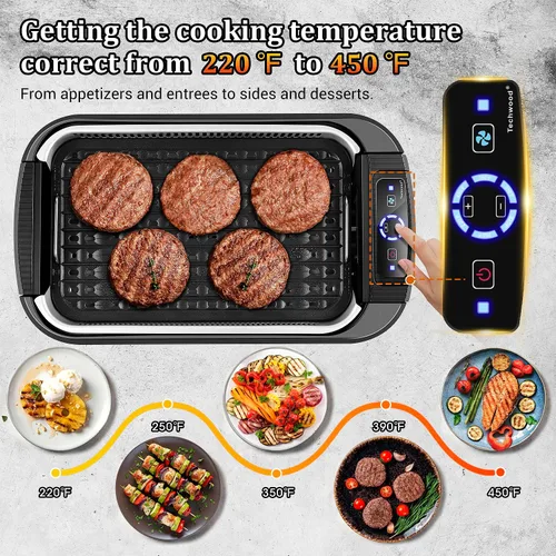 Miniatura 3 de Parrilla sin humo para interiores, Techwood parrilla eléctrica para interiores de 1500W con tapa de vidrio templado, BBQ coreana portátil