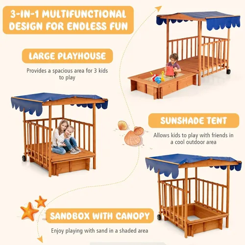 Miniatura 2 de HONEY JOY Caja de arena 3 en 1 para niños con casa de juegos y toldo, madera de cedro sin fondo para patio trasero con ruedas, barandillas