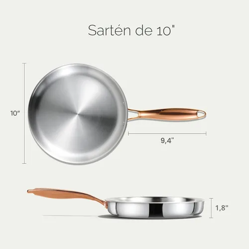 Miniatura 2 de CAROTE Sartén de 10 Pulgadas de Acero Inoxidable de Tres Capas, Sartén Antiadherente para Huevos y Tortillas, Apto para Horno, Inducción, Compatible
