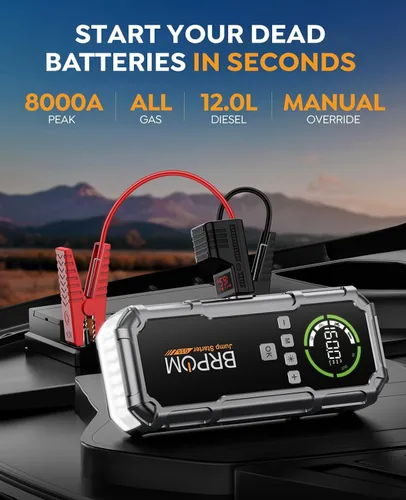 Miniatura 2 de Arrancador de batería con compresor de aire, BRPOM 8000A arrancador de batería portátil para automóvil (todo gasolina/12L diésel), paquete
