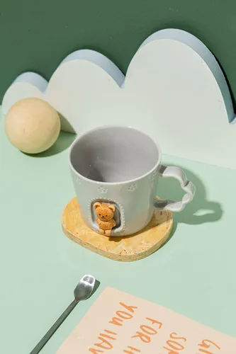 Miniatura 5 de DIHOclub Taza de cerámica con diseño de gato, ventana con animales, figura de cerámica hecha a mano, tazas lindas de dibujos animados, regalo