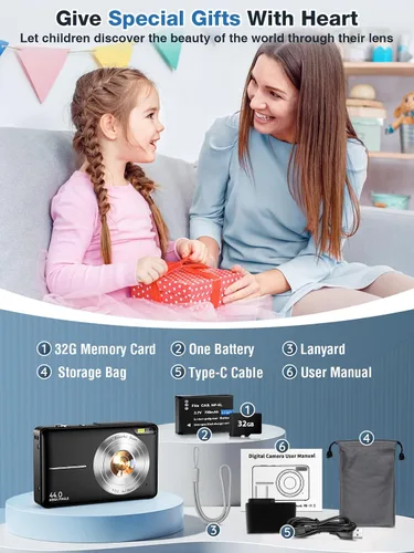 Miniatura 9 de Cámara digital, FHD 1080P para niños, cámara digital de 44 MP para apuntar y disparar con tarjeta de 32 GB, zoom de 16X, antivibración, sello