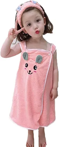 Miniatura 2 de PURFUN Toalla de baño suave para niñas con conejo de cartón, toalla de playa absorbente de agua para niños, albornoces, vestido de tubo de ducha Rosa