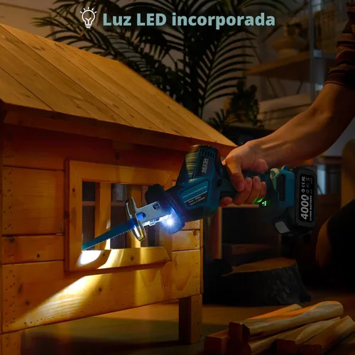 Miniatura 6 de SEESII Sierra de vaivén inalámbrica, motor sin escobillas de velocidad variable de 3500 RPM con 8 hojas de sierra, 2 baterías de 4.0Ah, luz LED