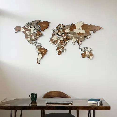 Miniatura 6 de Colorfull Worlds Mapa del mundo de madera y metal 3D montado, mapa de madera multicapa sobre base de metal, mapa artístico de pared de madera