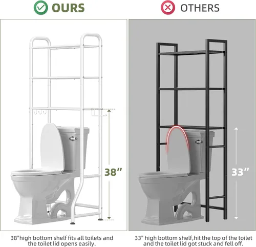 Miniatura 2 de Simple Trending Estante de almacenamiento sobre el inodoro, estante organizador de baño de metal de 3 niveles con soporte para papel y 3 ganchos