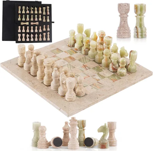Miniatura 13 de Juego de ajedrez de mármol para adultos de 12 pulgadas, hecho a mano, juegos de ajedrez negro y travertino con caja de almacenamiento, juego