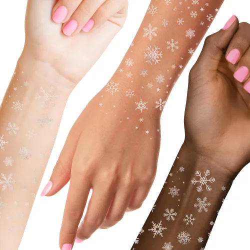 Flash Tattoos Winter Frost Metallic - Tatuajes temporales de 2 hojas | Incluye más de 36 tatuajes de copo de nieve de aluminio plateado de alta