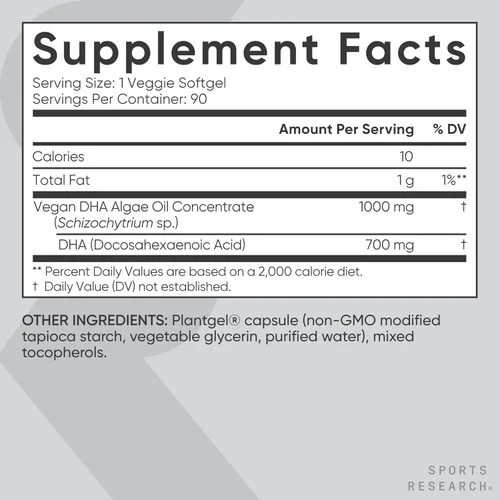 Miniatura 5 de Sports Research® DHA vegano 700mg – Apoyo cognitivo, apoyo cerebral, suplemento con Omega-3 DHA de aceite de algas – Certificado vegano · Sin OMG ·