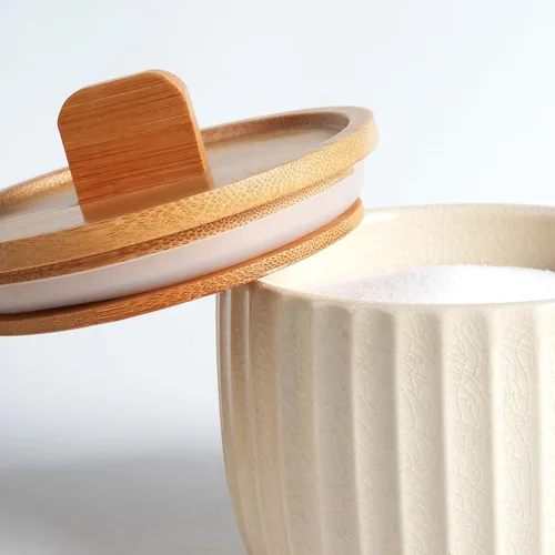 Miniatura 6 de Recipiente de sal con tapa de bambú, cuencos de cerámica de gran capacidad de 14 onzas, caja de pimienta, recipiente de condimentos de esmalte Crema