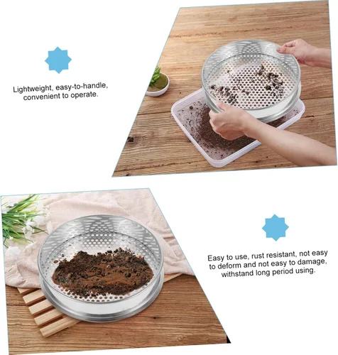 Miniatura 9 de Toddmomy Tamiz de malla fina de acero inoxidable rotativo tamiz de suelo para jardín, tamiz de suelo redondo para el hogar, cocina, tamiz multiusos