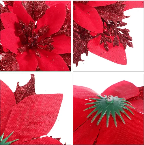 Miniatura 5 de Toyvian Flores de pascua artificiales con purpurina navideña, 12 adornos de flores para árbol de Navidad, decoración de fiesta de Navidad con 12 Rojo