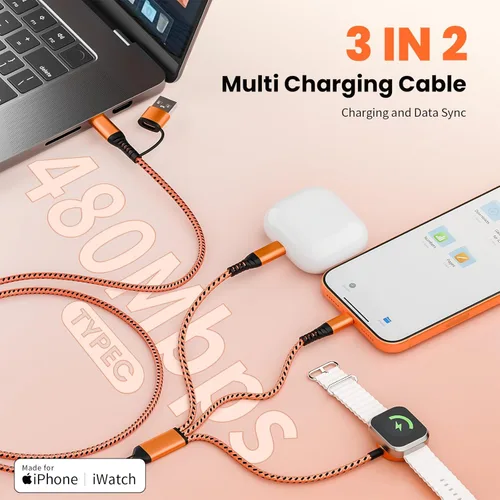 Miniatura 2 de Cargador de viaje para iWatch, cable de carga múltiple 3 en 2 con cargador IP/USB C/iWatch, cargadores de viaje para múltiples dispositivos, Naranja