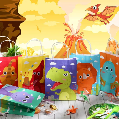 Miniatura 3 de Pajean 24 bolsas de caramelos de dinosaurio con asa, bolsas de papel de recuerdo de fiesta de dinosaurios, regalos para niños, envoltura