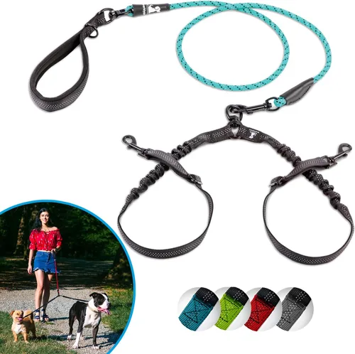 Miniatura 30 de Correa doble premium para dos perros, absorción de golpes, antitirón, doble correa para razas medianas y grandes con accesorio de correa doble