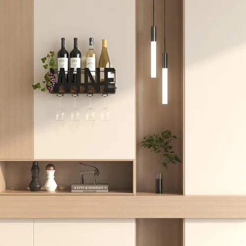 Miniatura 6 de Estante de metal para vino montado en la pared, soporte para botella de vino, soporte para botella de vino, soporte para 4 vasos de tallo largo