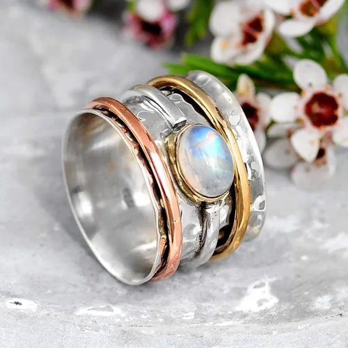 Miniatura 5 de Boho-Magic Anillo giratorio de plata de ley 925 con piedra lunar para mujer con cobre y latón
