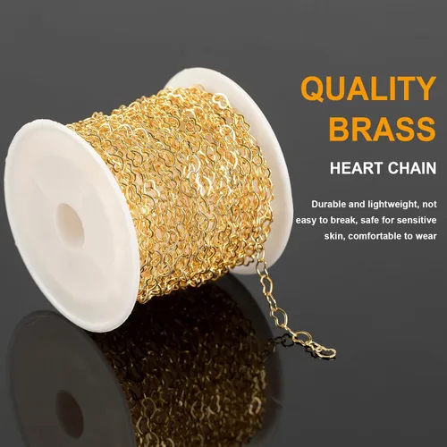 Miniatura 3 de KYUNHOO Cadenas de corazón chapadas en oro de 18 quilates de 16.4 ft de latón macizo a granel, cadena de collar de corazón para mujer, pulsera