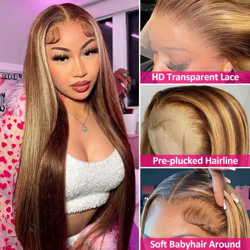 Miniatura 3 de Flady Peluca de cabello humano con encaje frontal ombré, prearrancada, sin pegamento, peluca frontal de encaje HD 4/27, pelucas de cabello humano
