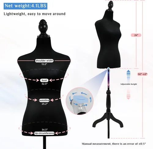 Miniatura 3 de Cuerpo de maniquí femenino con soporte de trípode de madera, 50-63 pulgadas, forma de vestido portátil y ajustable para coser, exhibición de ropa