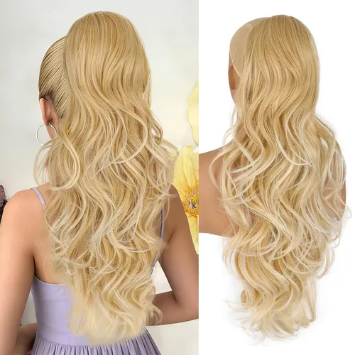 Miniatura 13 de Extensión de cola de caballo rubio, extensión de cola de caballo con cordón de 20 pulgadas para mujeres, extensiones de cabello de cola de caballo