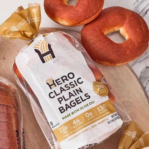Miniatura 3 de Hero Classic Plain Bagel - 4 g de carbohidratos netos, 19 g de proteína, alta fibra, 130 calorías por porción (10 bagels, 2 paquetes de 5)