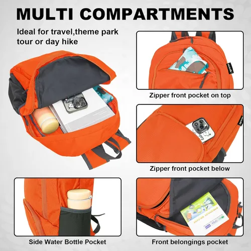Miniatura 3 de HOLYLUCK Mochila plegable de senderismo ligera de 20L para hombres y mujeres, bolsa de hombro plegable al aire libre para viajes pequeños, naranja