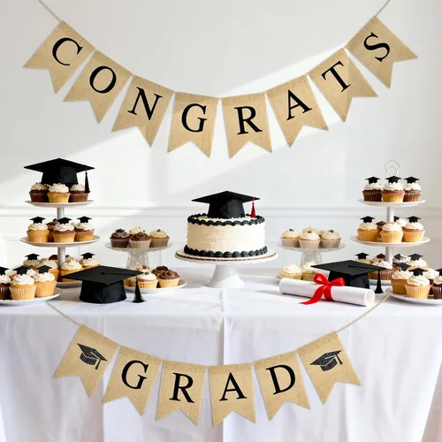 Miniatura 5 de G2PLUS Cartel de felicitaciones graduadas, pancarta de decoración de fiesta de graduación preencordada para la escuela, guirnalda rústica
