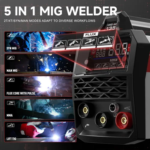 Miniatura 5 de ANDELI Soldador MIG 135A 110V/220V, PULSE Flux Core MIG/Lift Tig/Stick Máquina de soldadura MIG sin gas 3 en 1 con sinergia, pantalla LED grande