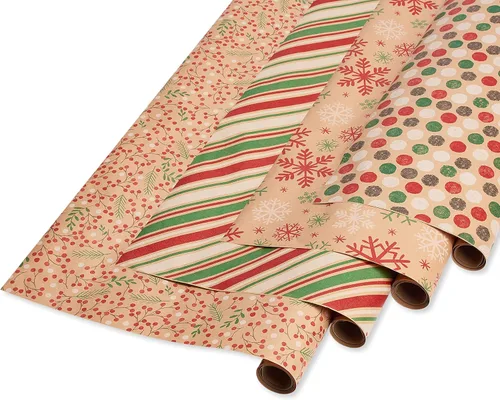 American Greetings Rollos de papel de regalo navideño Kraft Vintage, rojo, verde y marrón Kraft para regalos festivos (80 pies cuadrados, 4 rollos -