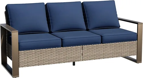 Miniatura 19 de Sofá de Mimbre Metálico para Patio de 75", Sofá Sillón de Ratán para Exteriores de 3 Asientos para Todo Tipo de Clima con Cojines Premium y Beige
