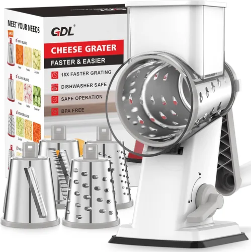 Miniatura 9 de Rallador de queso giratorio GDL con manivela manual - Rallador de queso mejorado con 4 cuchillas intercambiables, rallador giratorio con base de Rojo