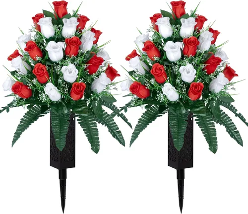 Miniatura 10 de LVXINLI 2 juegos de flores artificiales para cementerios, decoraciones de tumba al aire libre con rosas, hermosos arreglos florales con jarrón