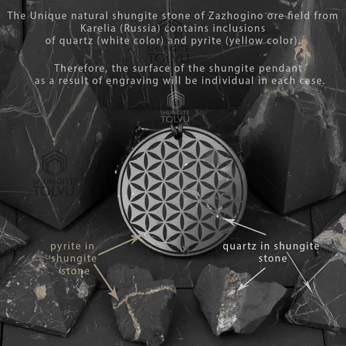 Miniatura 6 de Colgante Shungite grande - Flor de la Vida - 1.8 pulgadas - Auténtico collar de amuleto de piedra shungita - Hecho a mano - TOLVU, Piedra, Shungita