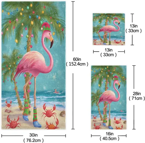 Miniatura 3 de Pfrewn Juego de 3 toallas de baño de Navidad con flamenco tropical, palmera y cangrejo, toallas de baño, suaves y absorbentes, toallas de mano